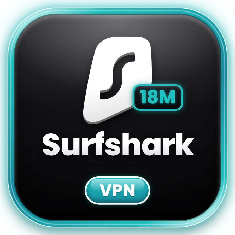 شعار Surfshark VPN — 18 شهراً (ضمان كامل)